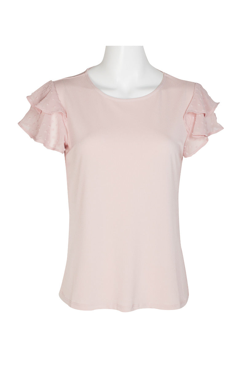 Adrianna Papell Crew Neck Clip Dot Double Flutter Sleeve Solid Knit Moss Crepe Top-CHAMPAGNE / S